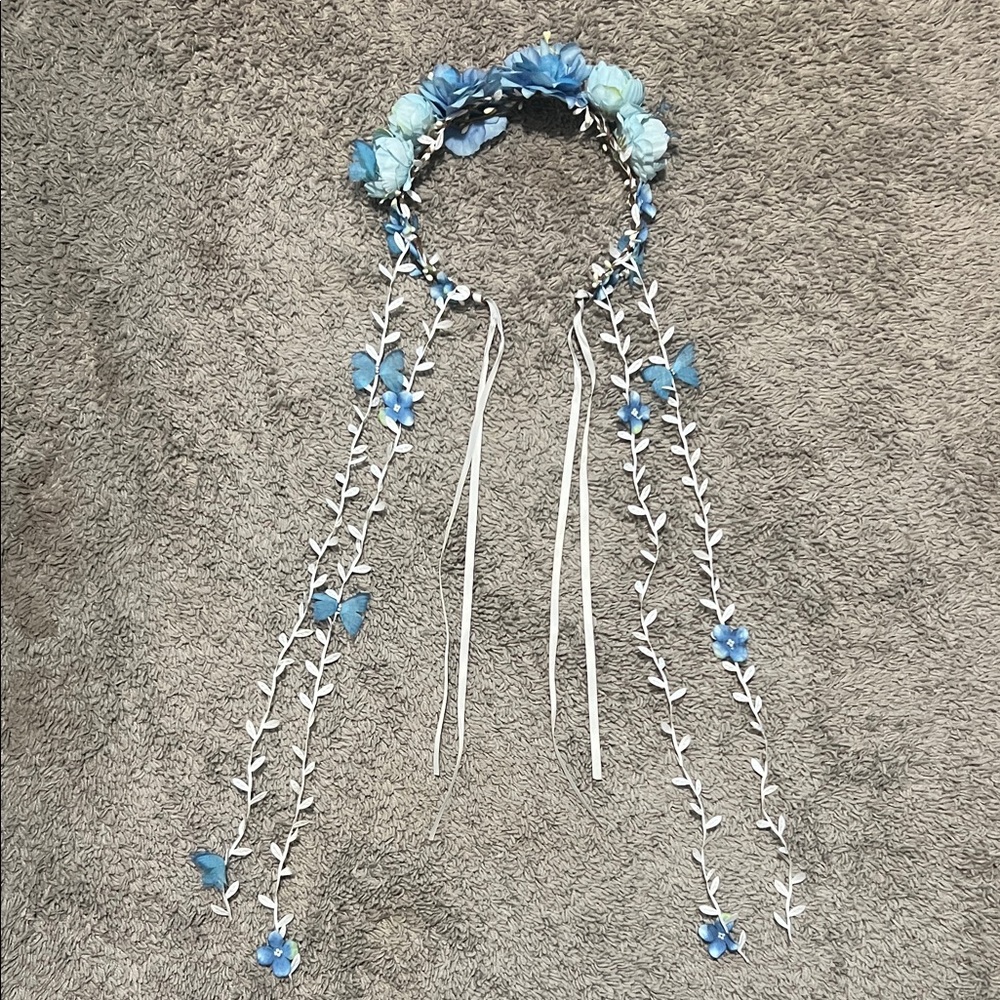 Blue Floral Headband with Ribbon Accents
